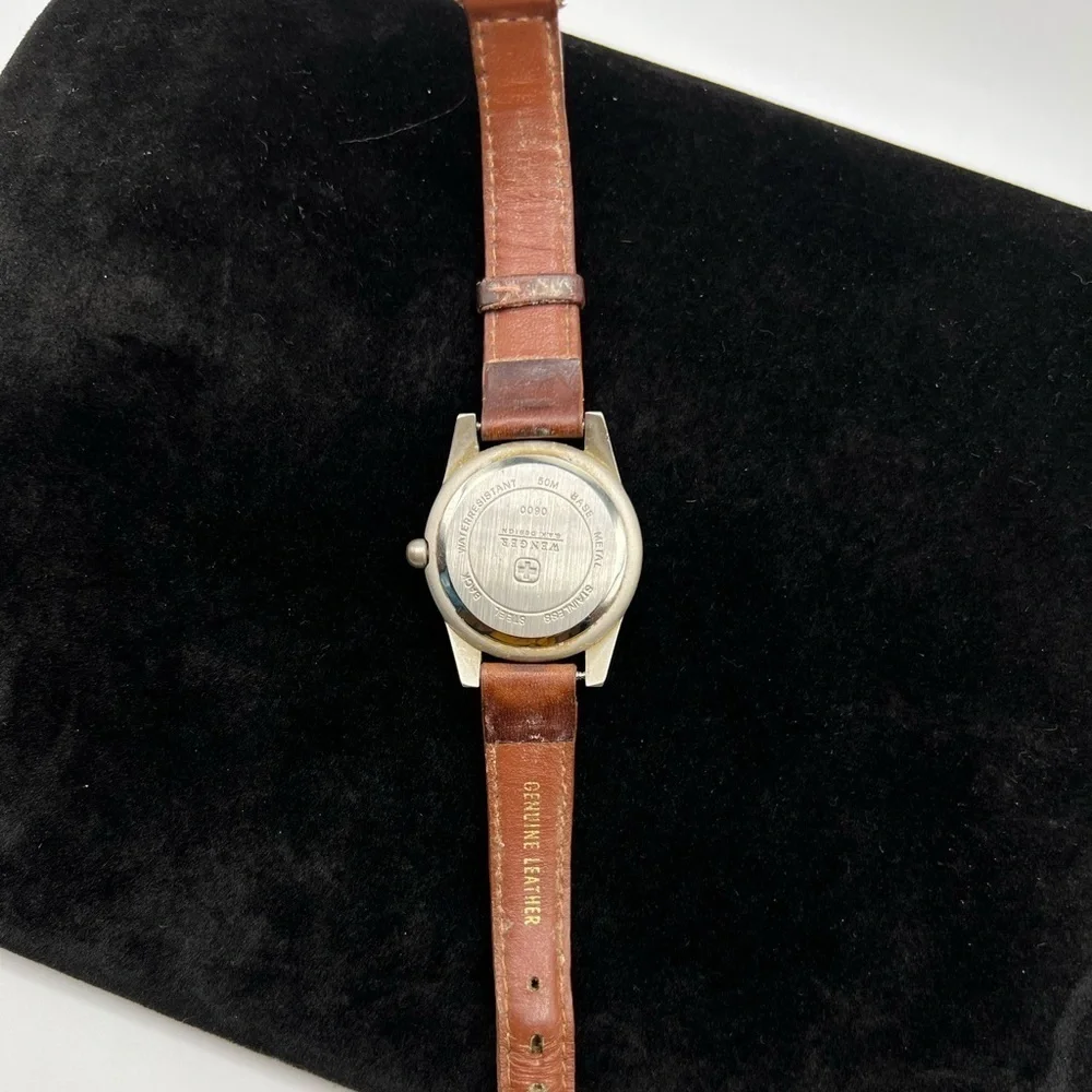 Vintage Wenger Swiss Quartz Field Watch Date Stainless Steel Leather Band